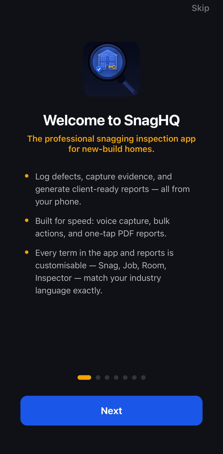 SnagHQ app screen